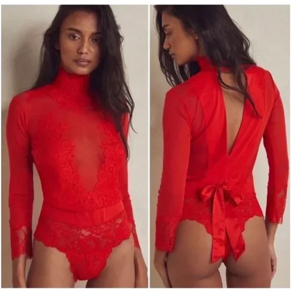 NWT $148 Free People Take HAH Bow Bodysuit Large Red Sheer Lace S L XL - Picture 1 of 11